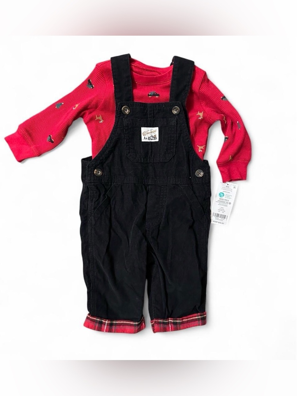 Carter's Black Corduroy Overalls with Red Plaid Cuffs